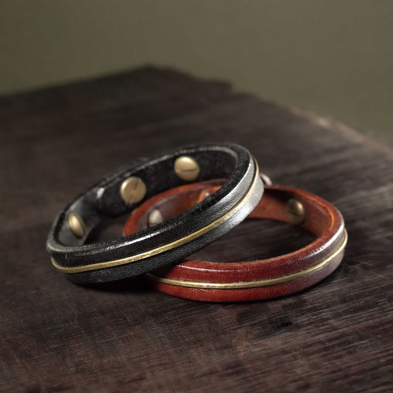 Vintage Leather Copper Spiritual Protection Bracelet - 16-16.6cm