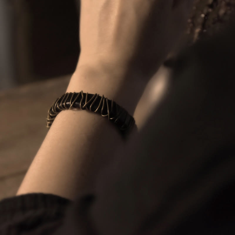 Black Leather Copper Wire Wrap Spiritual Balance Bracelet