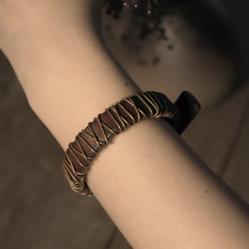 Black Leather Copper Wire Wrap Spiritual Balance Bracelet