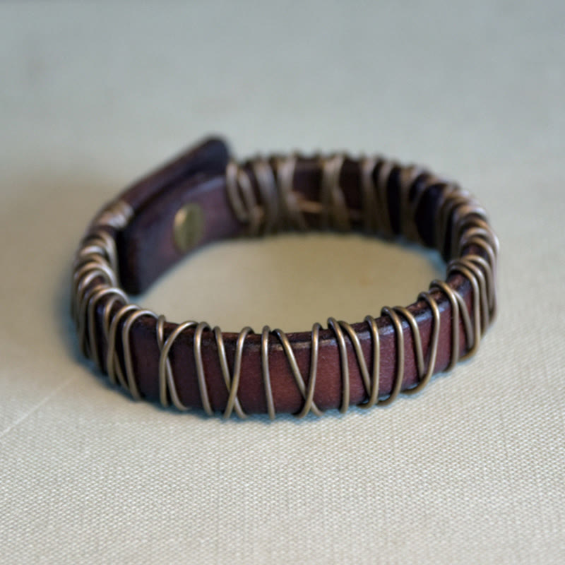 Black Leather Copper Wire Wrap Spiritual Balance Bracelet