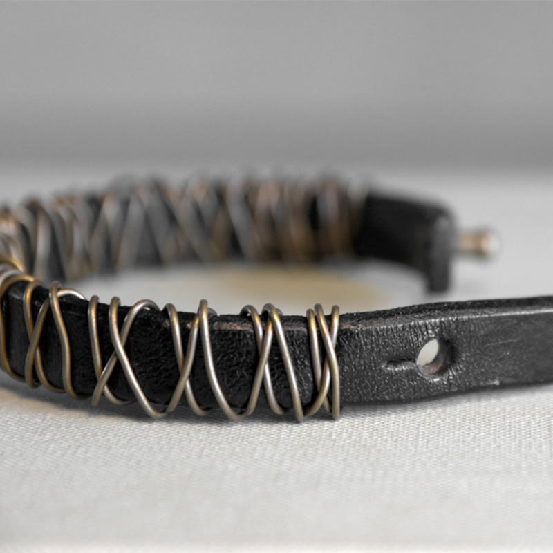 Black Leather Copper Wire Wrap Spiritual Balance Bracelet