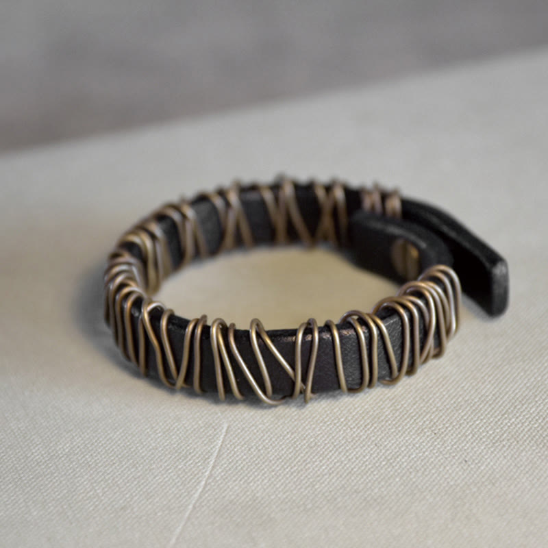Black Leather Copper Wire Wrap Spiritual Balance Bracelet