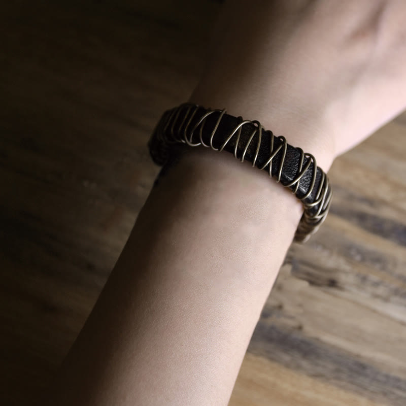 Black Leather Copper Wire Wrap Spiritual Balance Bracelet