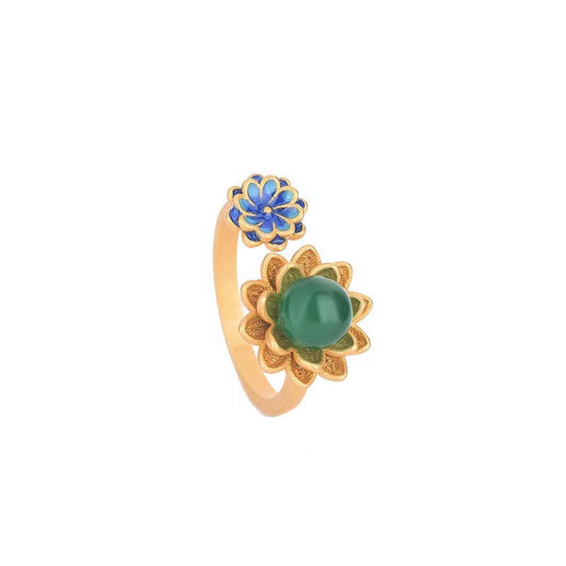 Adjustable Jade Ring with Lotus Pattern for Abundance