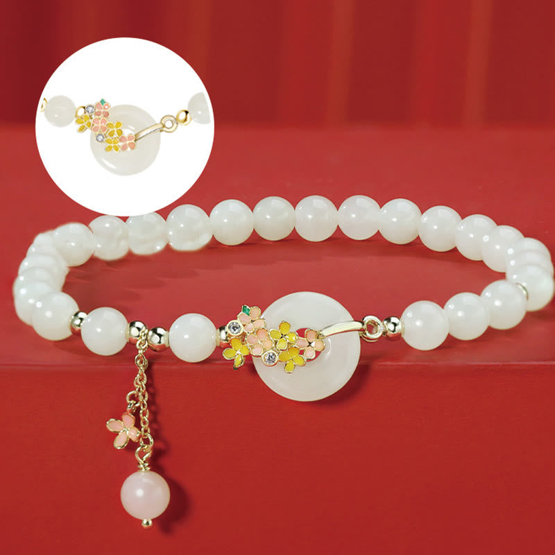 Hetian Jade Peace Buckle Bracelet & Necklace with Osmanthus Flowers
