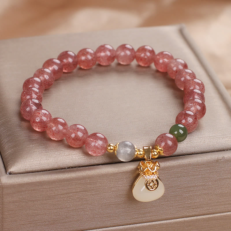 8mm Strawberry Quartz Money Bag Charm Bracelet for Women