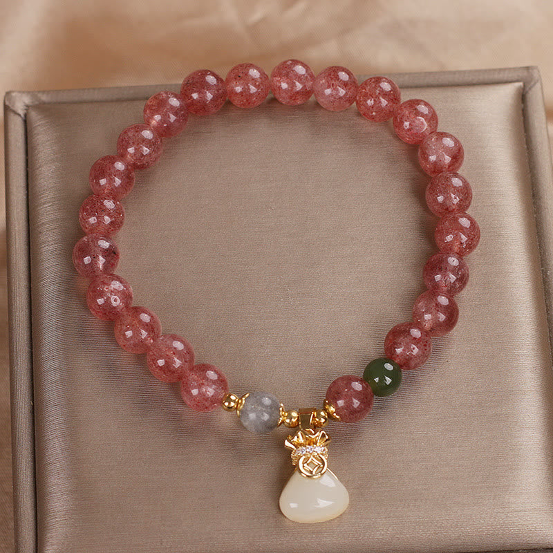 8mm Strawberry Quartz Money Bag Charm Bracelet for Women