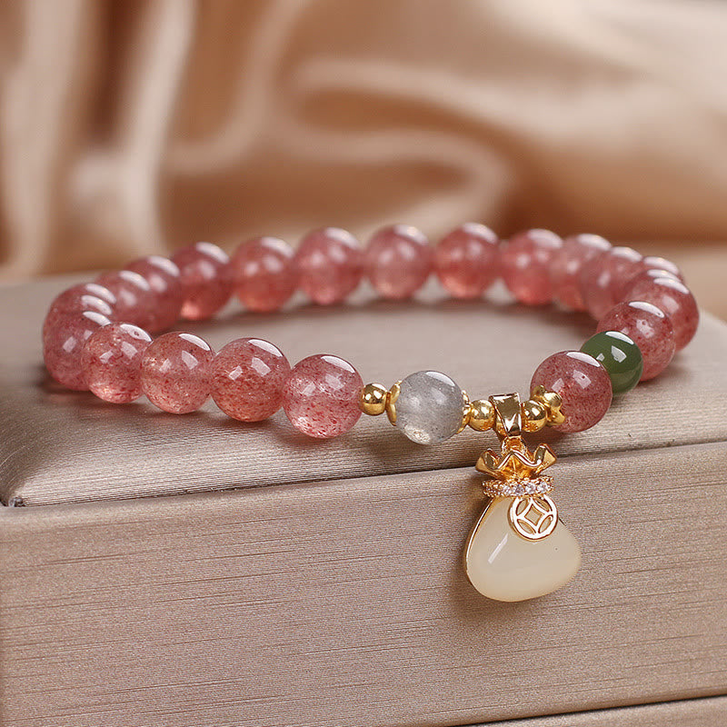 8mm Strawberry Quartz Money Bag Charm Bracelet for Women