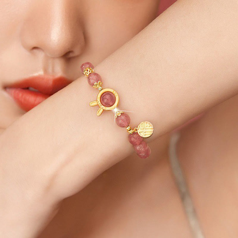 8mm Strawberry Quartz Love Bracelet with Rabbit Fu Charm