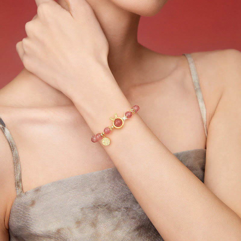8mm Strawberry Quartz Love Bracelet with Rabbit Fu Charm