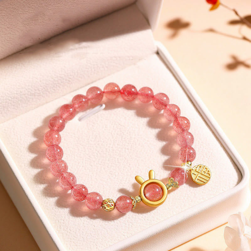 8mm Strawberry Quartz Love Bracelet with Rabbit Fu Charm