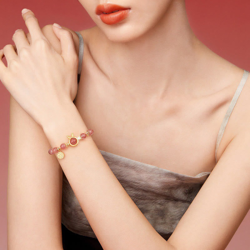 8mm Strawberry Quartz Love Bracelet with Rabbit Fu Charm