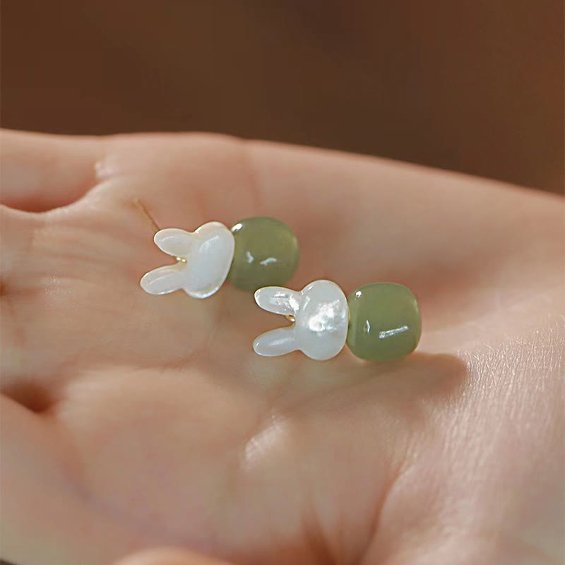 Tridacna Stone & Hetian Jade Lucky Rabbit Earrings