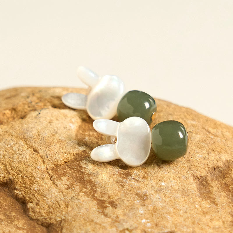 Tridacna Stone & Hetian Jade Lucky Rabbit Earrings