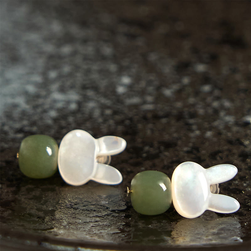 Tridacna Stone & Hetian Jade Lucky Rabbit Earrings