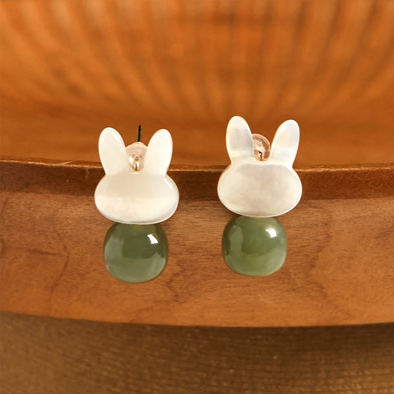 Tridacna Stone & Hetian Jade Lucky Rabbit Earrings