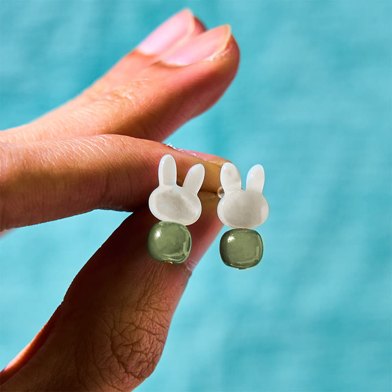 Tridacna Stone & Hetian Jade Lucky Rabbit Earrings