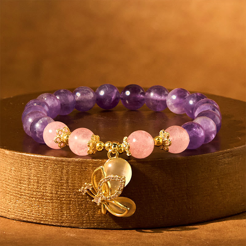 8mm Amethyst Strawberry Quartz Butterfly Charm Bracelet