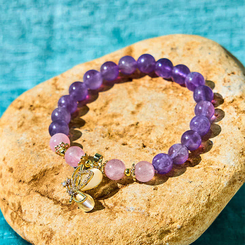 8mm Amethyst & Strawberry Quartz Butterfly Charm Bracelet