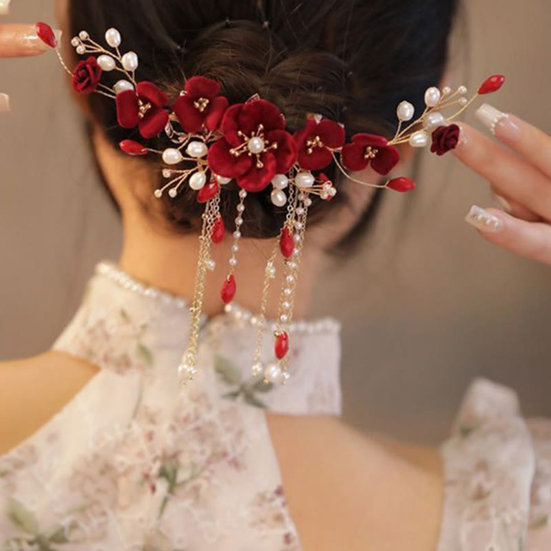 Red Rose Chinese Wedding Hair Clip with Pearls | Elegant Bridal Hairpin