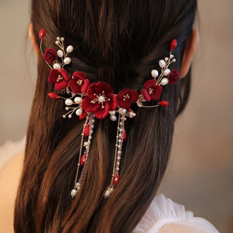 Red Rose Chinese Wedding Hair Clip with Pearls | Elegant Bridal Hairpin