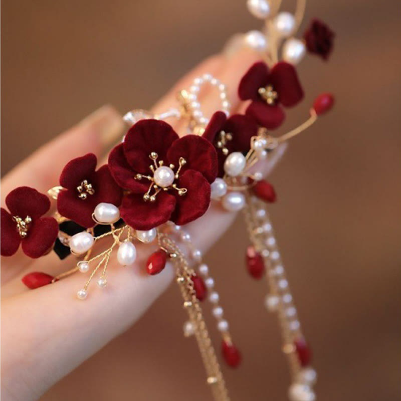 Red Rose Chinese Wedding Hair Clip with Pearls | Elegant Bridal Hairpin
