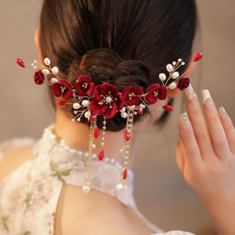 Red Rose Chinese Wedding Hair Clip with Pearls | Elegant Bridal Hairpin
