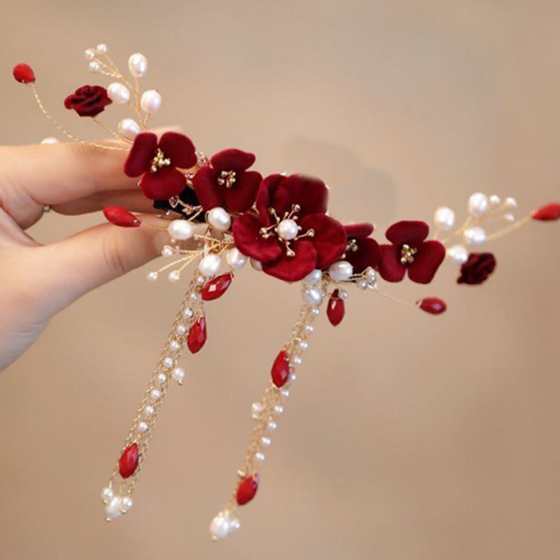 Red Rose Chinese Wedding Hair Clip with Pearls | Elegant Bridal Hairpin