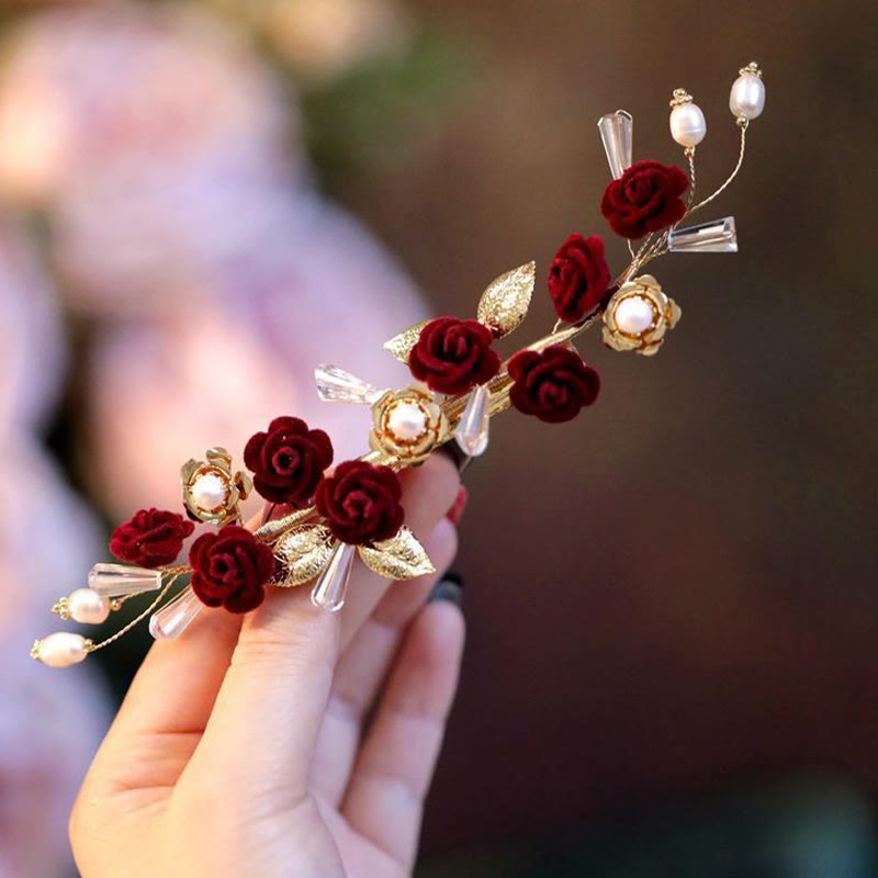 Red Rose Chinese Wedding Hair Clip with Pearls | Elegant Bridal Hairpin