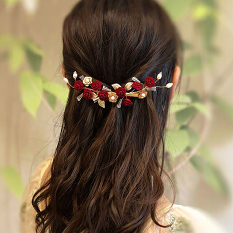Red Rose Chinese Wedding Hair Clip with Pearls | Elegant Bridal Hairpin