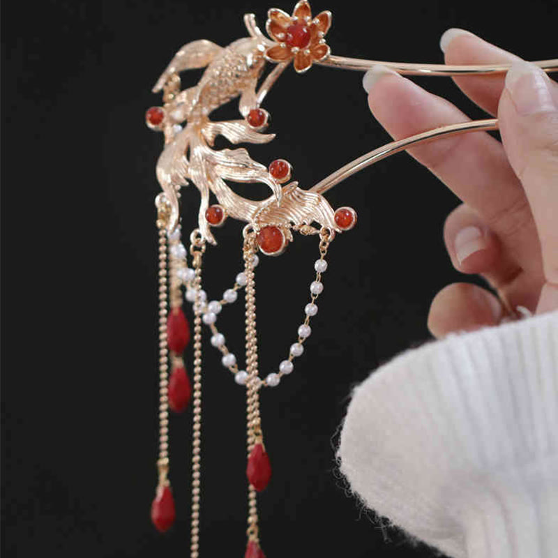 Koi Fish Red Agate Hairpin and Hair Comb Gold Plated Copper