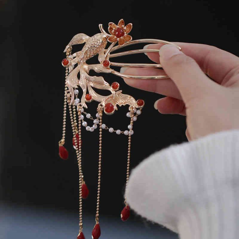 Koi Fish Red Agate Hairpin and Hair Comb Gold Plated Copper