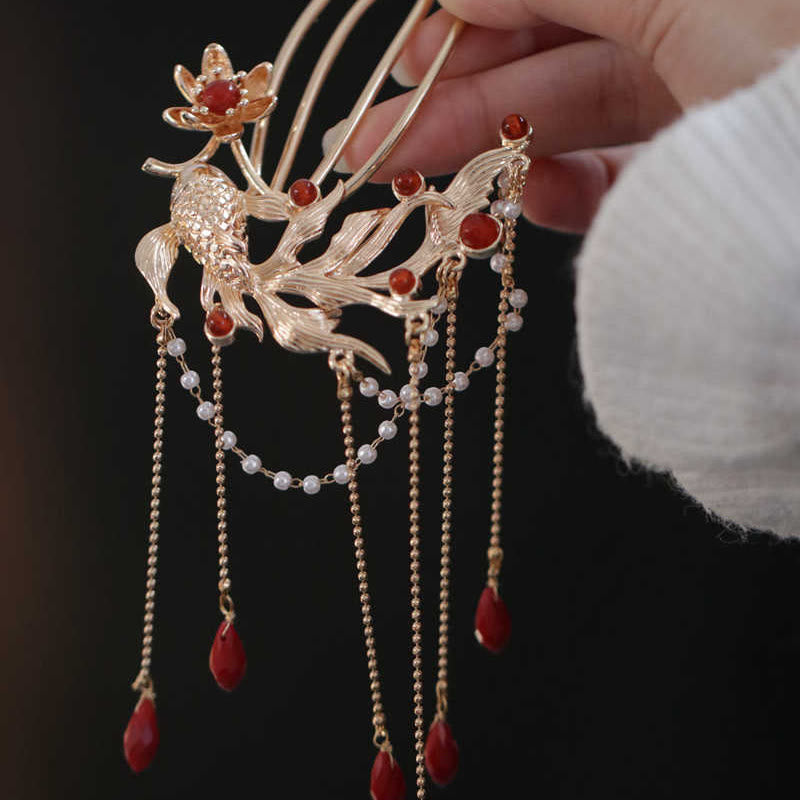 Koi Fish Red Agate Hairpin and Hair Comb Gold Plated Copper