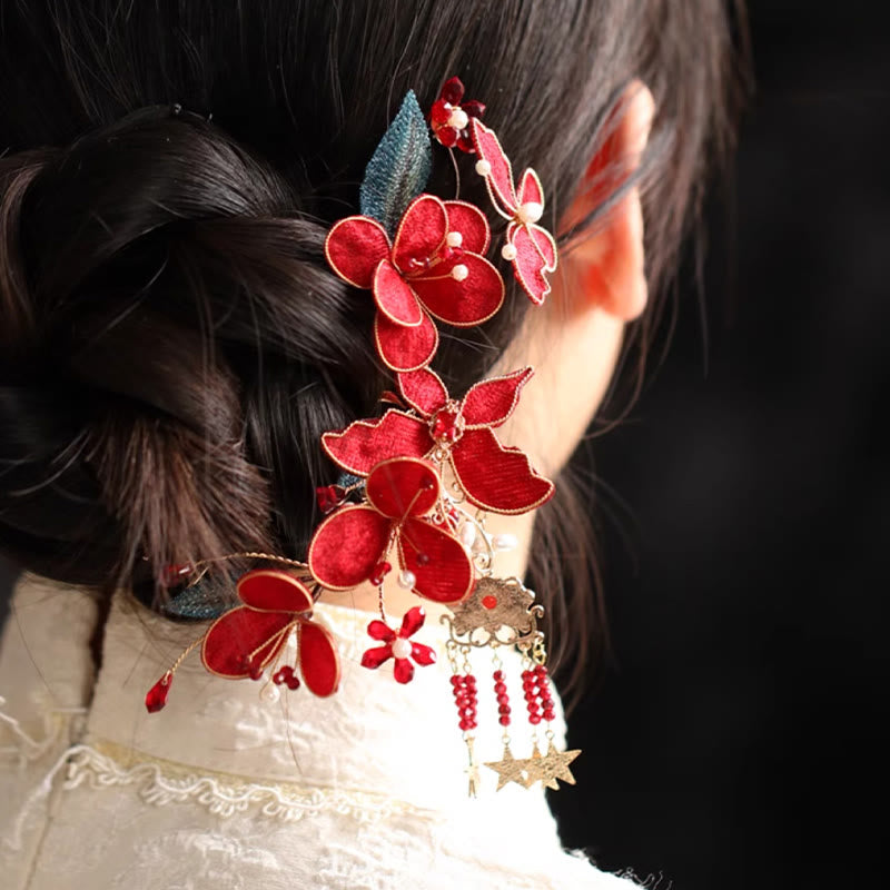 Chinese Hairpin Red Flower Butterfly Tassel Comb