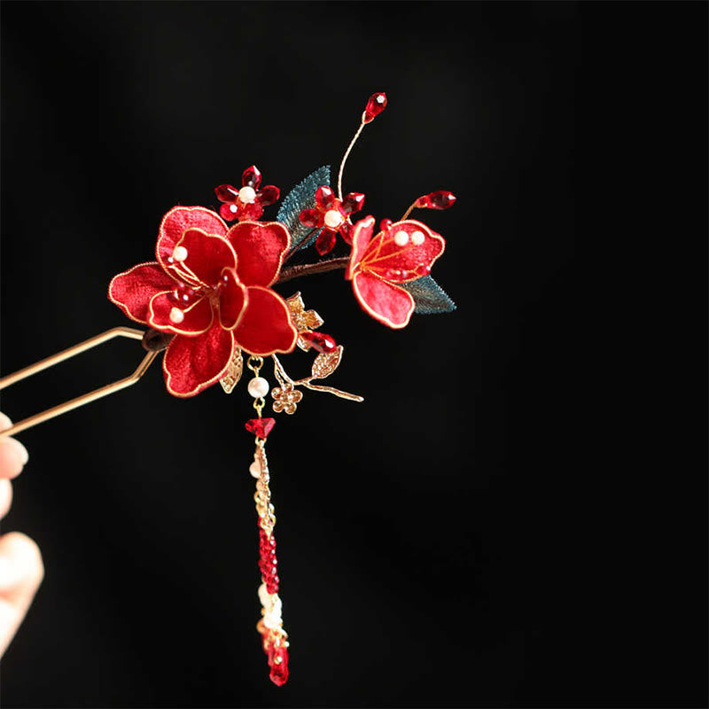 Chinese Hairpin Red Flower Butterfly Tassel Comb