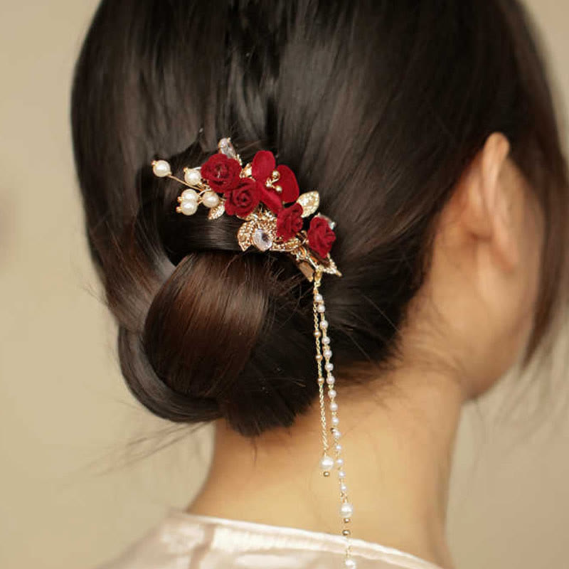 Red Camellia Tassel Chinese Hair Clip | Retro Style Hairpin