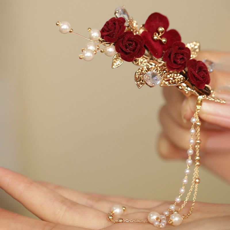 Red Camellia Tassel Chinese Hair Clip | Retro Style Hairpin
