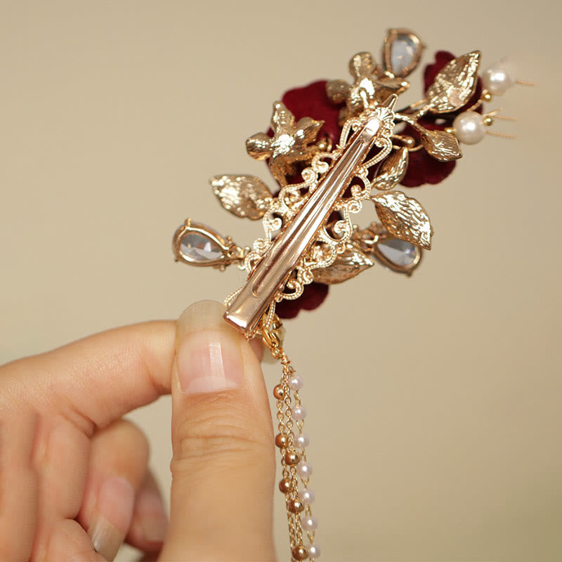 Red Camellia Tassel Chinese Hair Clip | Retro Style Hairpin