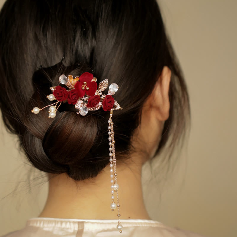 Red Camellia Tassel Chinese Hair Clip | Retro Style Hairpin