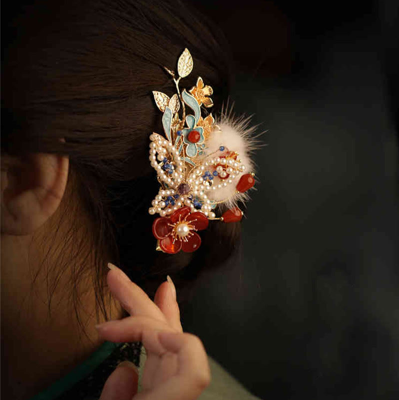 Red Flower Butterfly Pearl Chinese Hair Clip | Chinese Hairpins