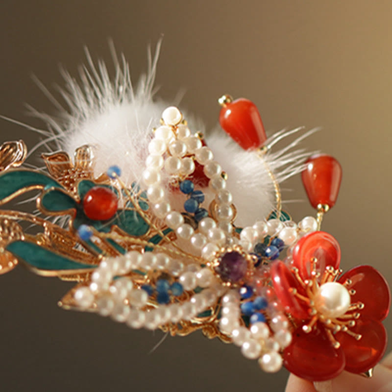 Red Flower Butterfly Pearl Chinese Hair Clip | Chinese Hairpins