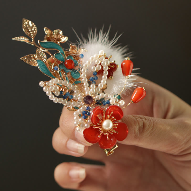 Red Flower Butterfly Pearl Chinese Hair Clip | Chinese Hairpins