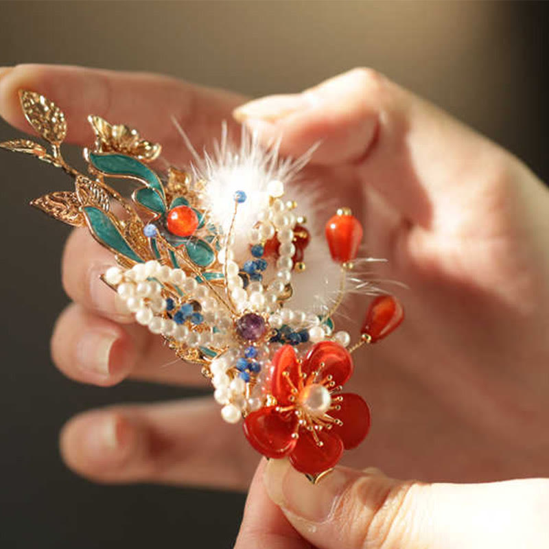 Red Flower Butterfly Pearl Chinese Hair Clip | Chinese Hairpins