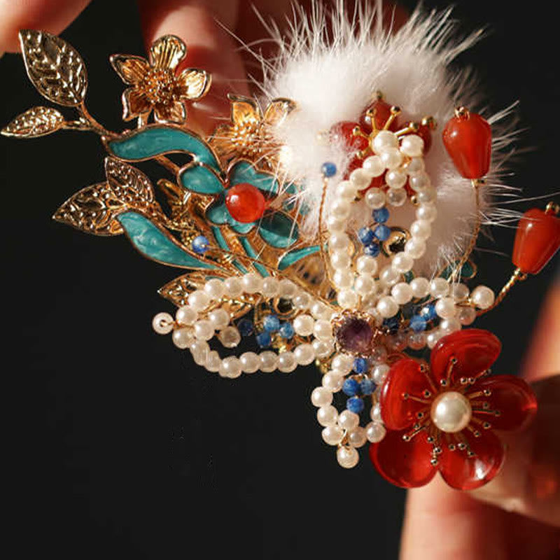 Red Flower Butterfly Pearl Chinese Hair Clip | Chinese Hairpins