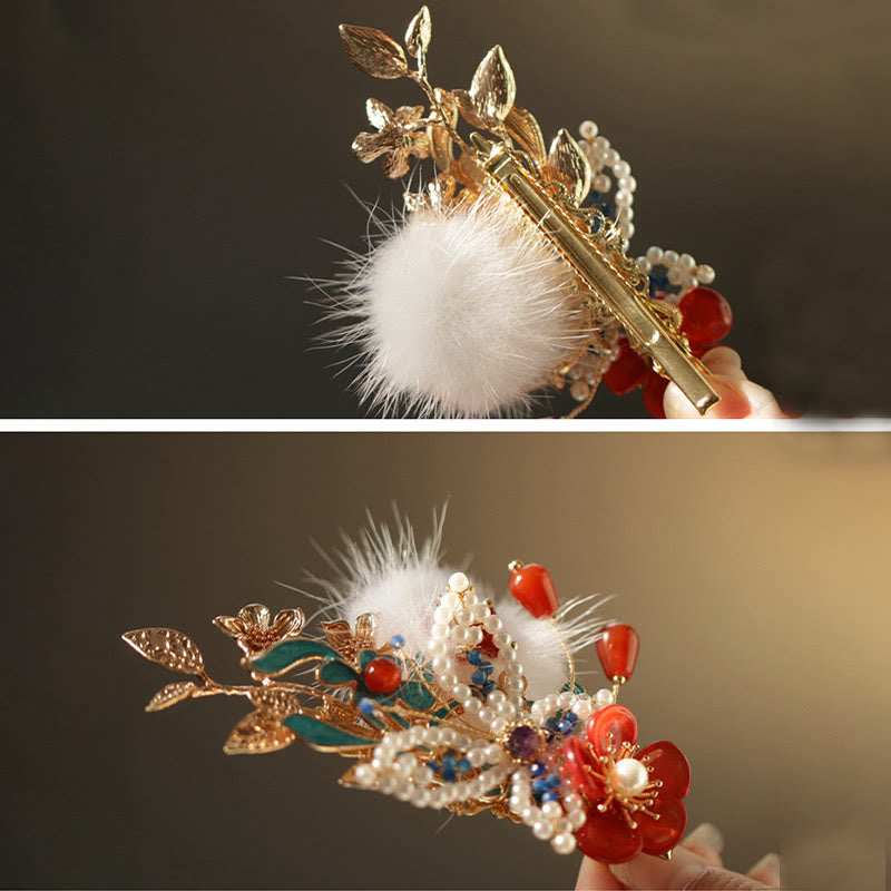 Red Flower Butterfly Pearl Chinese Hair Clip | Chinese Hairpins
