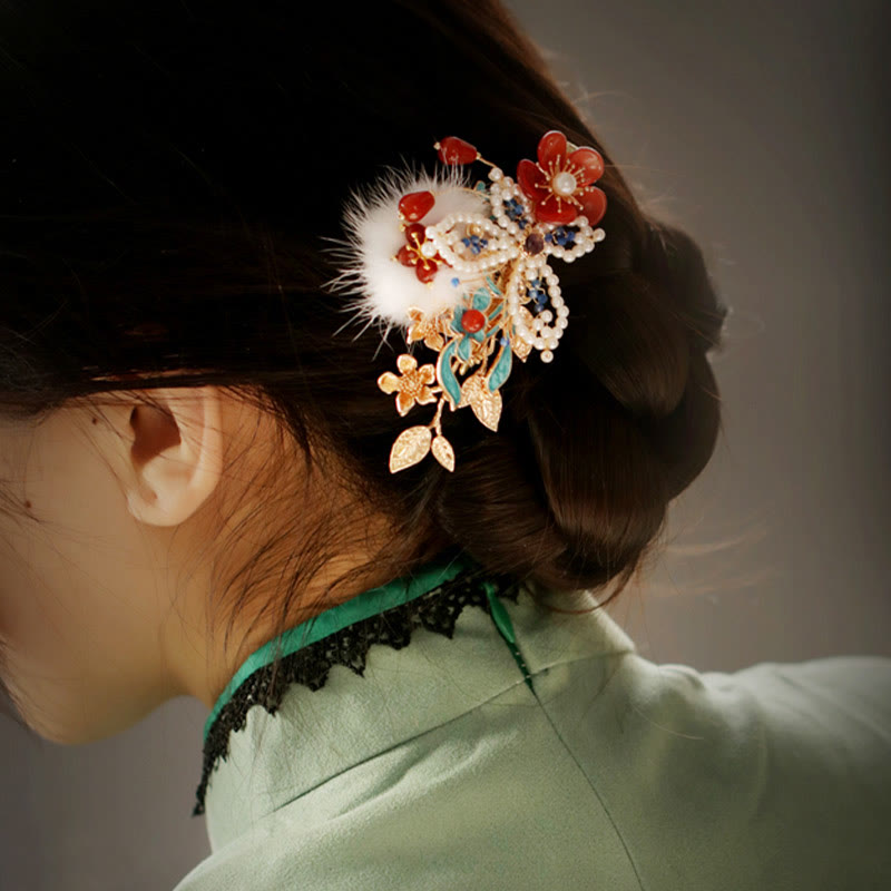 Red Flower Butterfly Pearl Chinese Hair Clip | Chinese Hairpins