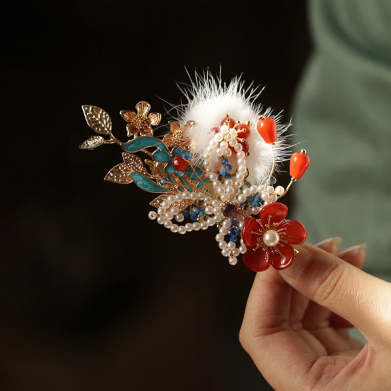 Red Flower Butterfly Pearl Chinese Hair Clip | Chinese Hairpins