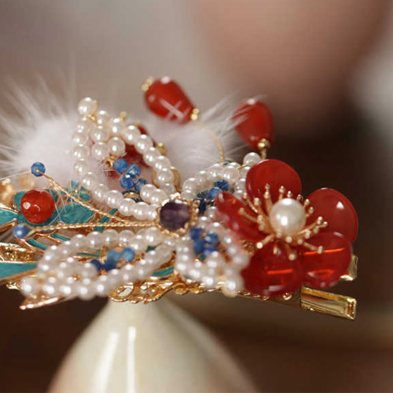Red Flower Butterfly Pearl Chinese Hair Clip | Chinese Hairpins