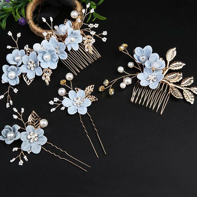 Golden Leaf Flower Pearl Chinese Hairpin Set - 4Pcs Elegant Comb