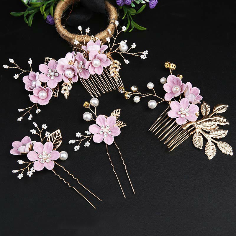 Golden Leaf Flower Pearl Chinese Hairpin Set - 4Pcs Elegant Comb
